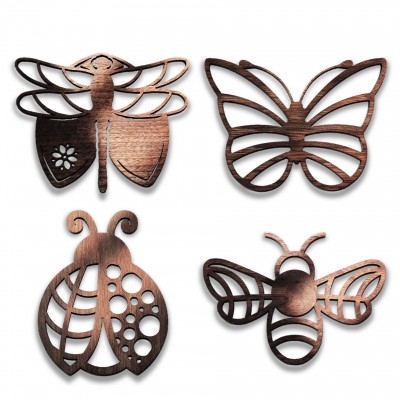 Insects Collection 4-Pcs Set - 3 in 1 Multifunction Gift – Coasters, Candle Holders, Hanging Ornaments - Solid Walnut Wood 6mm - Made in Canada